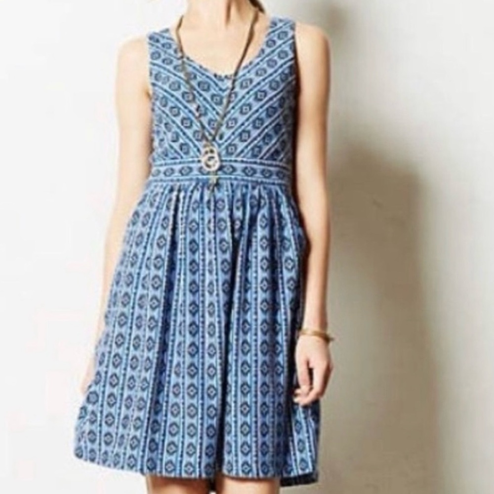 Anthropologie Maeve Blue Patterned Sleeveless Dress